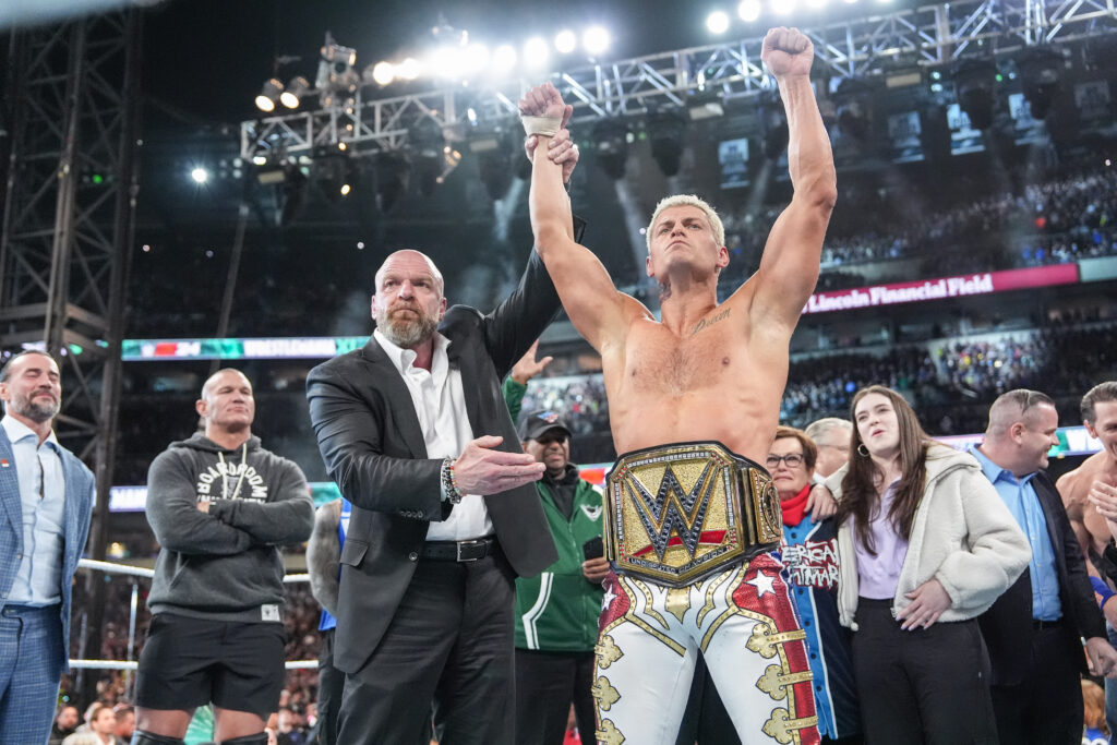 Triple H raises the hand of new champion Cody Rhodes on Night 2 of WrestleMania XL